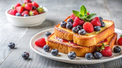 French toasts topped with fresh berries served on a white plate in a pastry shop, French toast, berries, breakfast