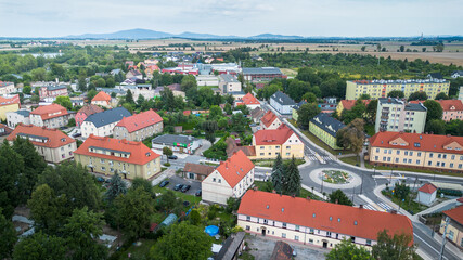 Aerial view of a suburban neighborhood with red-roofed houses and lush greenery in the countryside during daytime