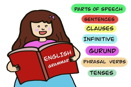 Hand drawn picture of girl is reading English grammar book. with type of grammar topics. Illustration for education. Concept, English grammar teaching. Different types of verbs lesson. Teaching aid.