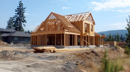 A house under construction, with visible wooden framing and roof trusses being installed. T