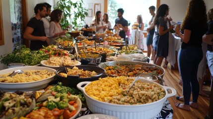 Obraz premium A community event featuring a potluck dinner, with tables lined with a variety of homemade dishes, people mingling and sharing stories, and a warm, welcoming atmosphere filled with the delicious