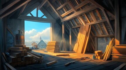 Obraz premium A construction site featuring a house in the middle of framing, with stacks of lumber and tools nearby. 