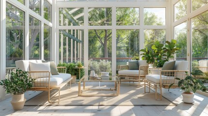 Obraz premium A stylish sunroom with large windows, comfortable seating, and plants, providing a bright and airy space to relax.