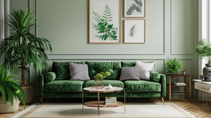 Upscale living room with green velvet sofa, coffee table, decor, and framed poster.