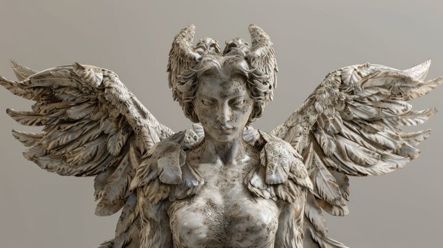 A harpy is a creature from Greek and Roman mythology, a monster with a woman's head and a bird's body. Harpies symbolize storm winds. 3D Rendering.,