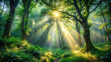 Enchanting forest scene with sunrays piercing through the lush greenery, creating a magical and mystical atmosphere, fantasy