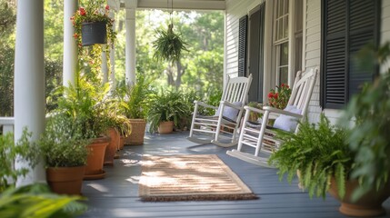 Fototapeta premium Charming front porch with rocking chairs, potted plants and a warm atmosphere. T