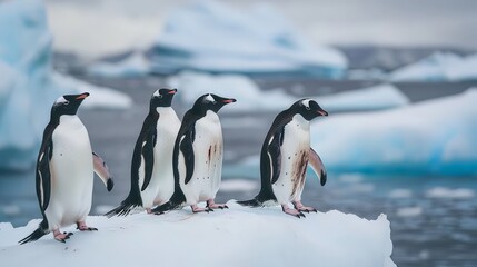 Obraz premium A group of penguins standing on an iceberg, with the ocean in the background