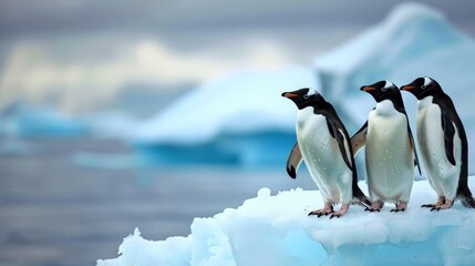 Obraz premium A group of penguins standing on an iceberg, with the ocean in the background