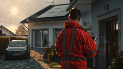 Fototapeta premium A Male worker in red work clothes He held a tablet in his hand. Check out the solar panel installation system on your home.