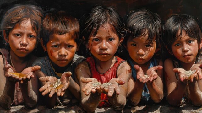 Many poor Mexican children reached out to beg for food.