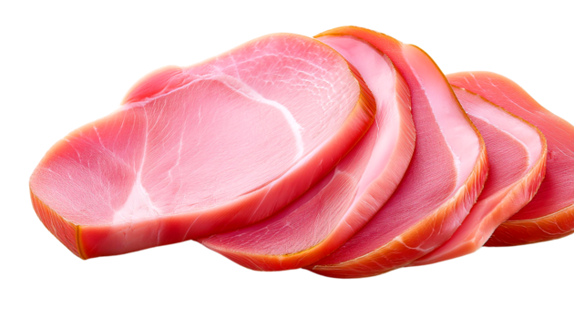 Freshly sliced ham on a wooden board, perfect for sandwich making or charcuterie boards with a vibrant pink hue.