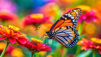 Fototapeta premium Vibrant close-up photo of a beautiful butterfly resting on a colorful flower, butterfly, insect, wings, nature, colorful