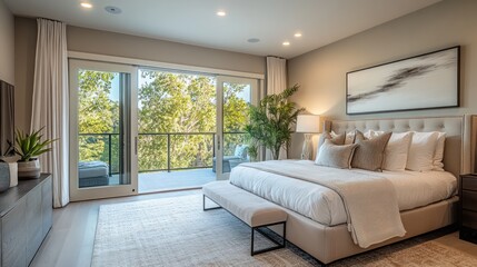 Fototapeta premium Cozy bedroom with large bed Stylish decoration and balcony with nature view