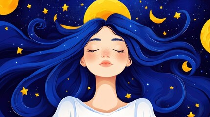 A serene digital illustration of a girl sleeping with a moon in her hair, surrounded by twinkling stars.
