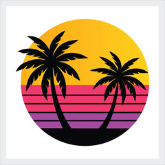 A beach scene with palm trees silhouetted vector