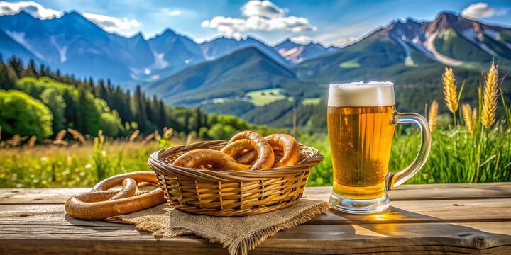 Hearty snack with a yeast wheat beer served in a rustic setting in the Bavarian Alps , Bavarian Alps, Brotzeit, Hefewei?bier