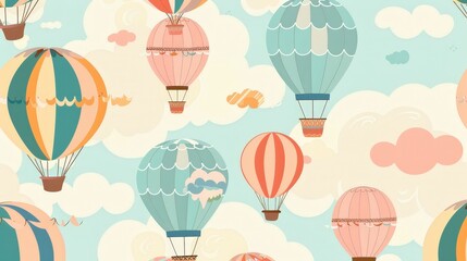A whimsical pattern featuring hot air balloons floating among clouds in pastel colors. The dreamy design is perfect for creating a sense of adventure and wonder.