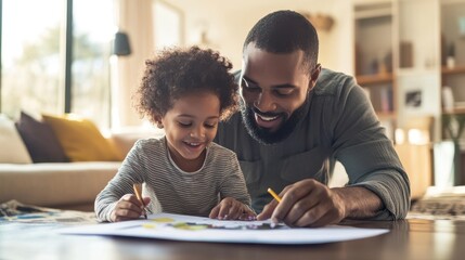 Obraz premium A heartwarming scene of a young child eagerly showing their homework to a parent at home, with the parent offering praise and support, surrounded by a warm and inviting living room, highlighting the