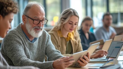 A serene scene of an adult learning class where middle-aged and senior participants are intently focused on their tablets and laptops, guided by an instructor who is patiently explaining a concept,