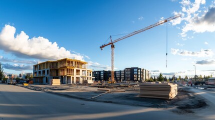 construction site with heavy machinery and cranes set against a backdrop of a cloudless blue sky. 