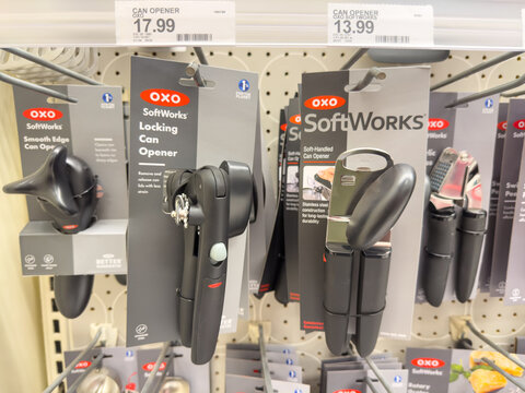 OXO brand of soft grip can openers on display.