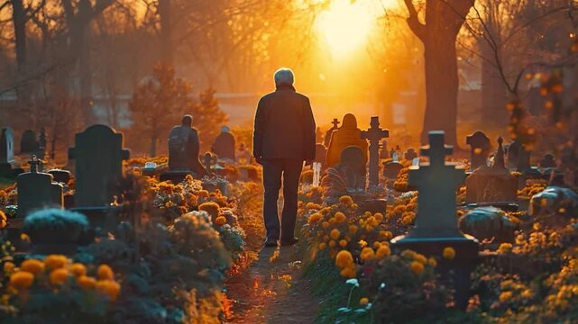 Individuals attending a funeral, a cemetery, and family grieving outside, experiencing loss and sadness with a coffin