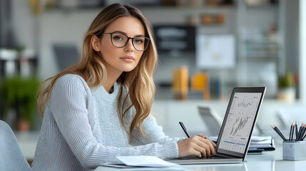 Woman in Glasses Working on Laptop with Data Analysis - Photo