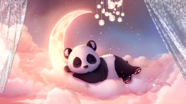 A cute cartoon panda peacefully sleeping on a crescent moon amidst stars. Seamless loop video background