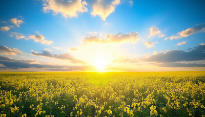 Beautiful sky, blue and yellow clouds in the distance, sunset glow, large field of rapeseed flowers, green grassland