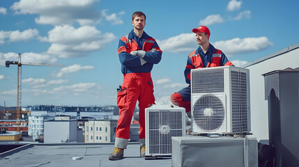 Two Workers Standing on Rooftop with AC Unit - Photo