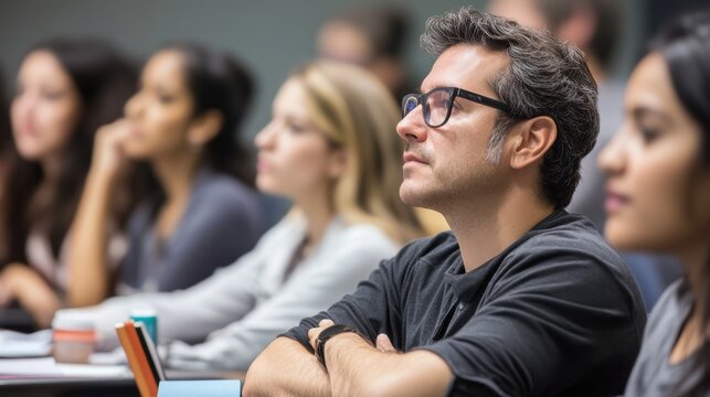 A serene adult learning environment with students attentively listening to a lecture on personal development, taking notes and engaging in thoughtful discussions, emphasizing the continuous pursuit