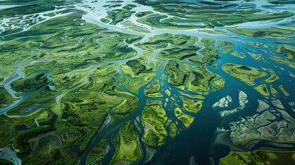 An aerial perspective of a winding river delta, with channels branching out like veins