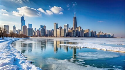 Naklejka premium Snow-covered Chicago skyline with icy Lake Michigan in winter , Chicago, cityscape, winter, snow, skyline, urban