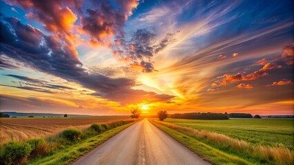 Beautiful sunset sky over a peaceful country road, scenic, landscape, rural, scenic, sunset, nature, outdoors, countryside
