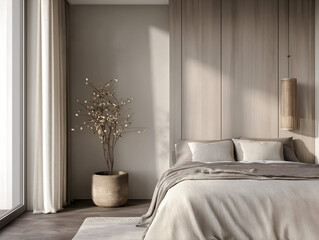 Aesthetic elegant minimalist bedroom interior design. Clear mock up empty wall for decoration in the apartment. Copy space in the room. Neutral palette of natural colors.