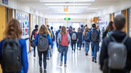 A lively school hallway filled with students heading to their next class, some stopping to chat with friends, others organizing their backpacks, creating a dynamic and energetic atmosphere of school