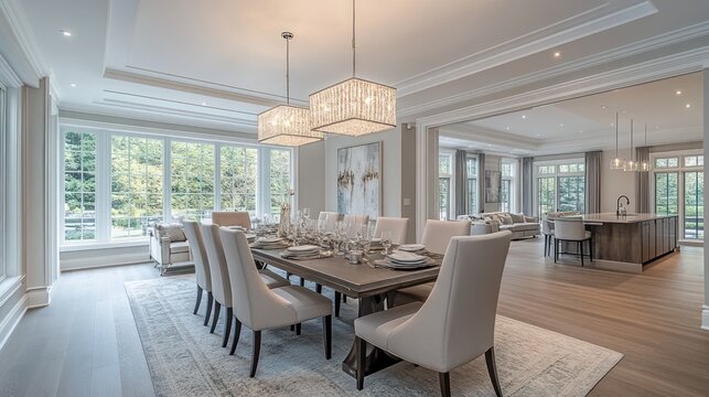 Elegant dining room with a long table, modern chairs, and a chandelier.