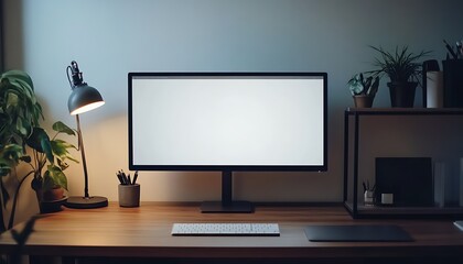 Minimalist Home Office Desk Setup with Empty Computer Screen