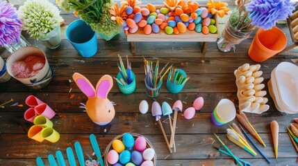 An Easter-themed arts and crafts station with supplies for making bunny ears, egg decorations, and springtime decorations.