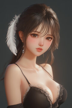 A stunning girl in a vantablack bodysuit stands shyly, tired eyes glimmering with emotion, adorned with a delicate feather.