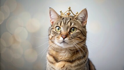Obraz premium Funny tabby cat wearing a crown on the ear like a princess, selective focus, cat, tabby cat, funny, crown, princess
