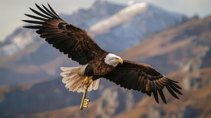 Obraz premium A majestic eagle soaring above a mountain range, clutching a golden key in its talons, representing leadership and the key to wealth, Mythology-inspired, vibrant, high-detail