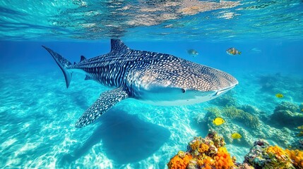 Fototapeta premium Majestic Whale Shark Swimming Gracefully Over Vibrant Coral Reef in Crystal Clear Ocean Waters on a Sunny Day
