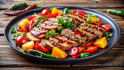 A plate of juicy meat with colorful vegetables and drizzled with savory teriyaki sauce, food, plate, meat, vegetables