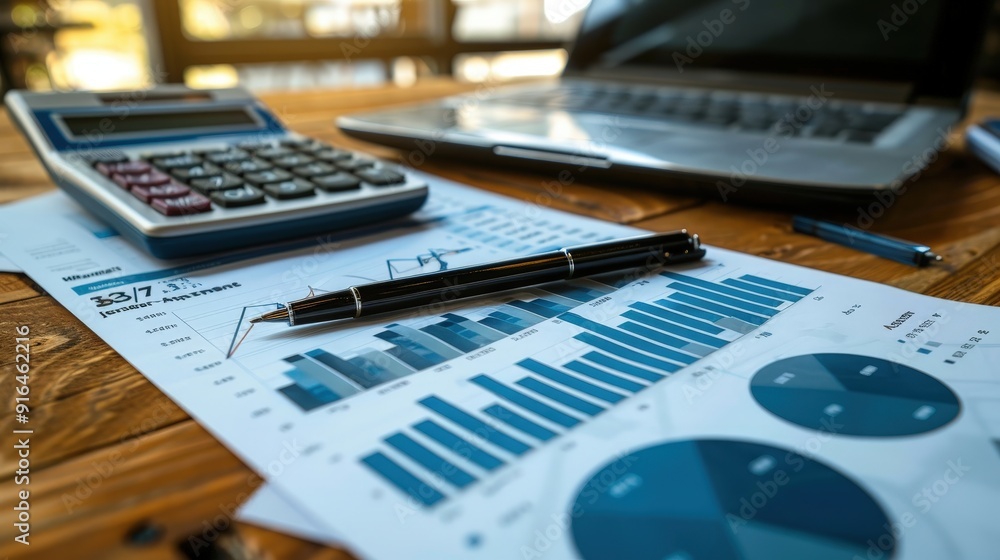 Aufkleber an overhead view of a financial report with graphs and charts, accompanied by a pen and calculator. 