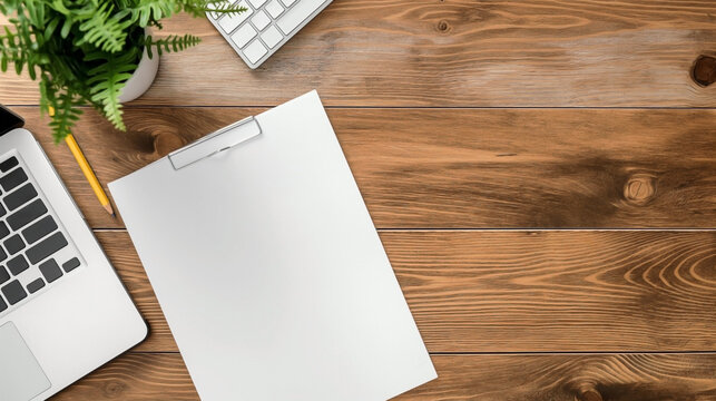 an empty blank white vertical resume paper document mockup template placed on a wooden office table 