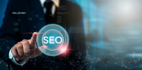 Business professional engaging with a digital SEO interface.