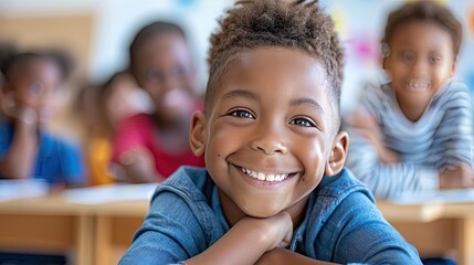 Smiling Young Boy in Classroom.