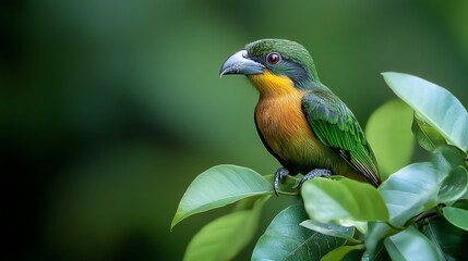 Green and yellow bird perched on leaves against black background